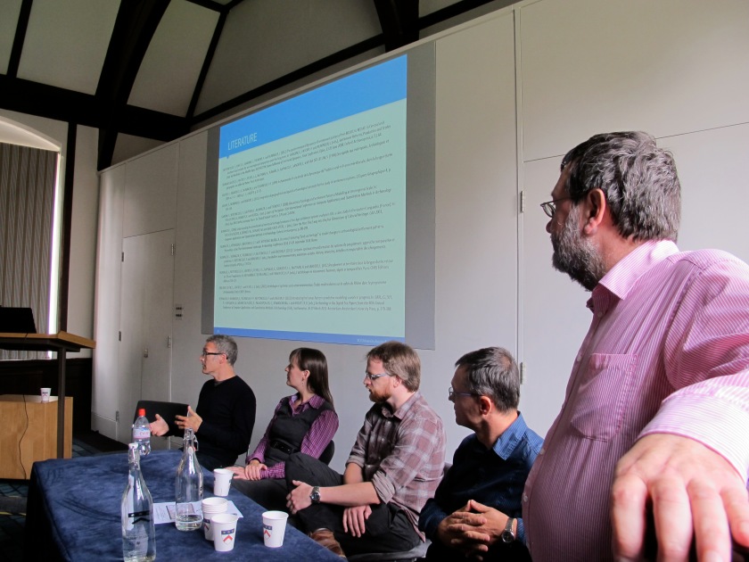 From left to right: Mark Gillings, Victoria Donnelly, Chris Green, Philip Verhagen and Roger Thomas. In the background: Philip's suggestions for further reading on the subject matter of his excellent talk. 